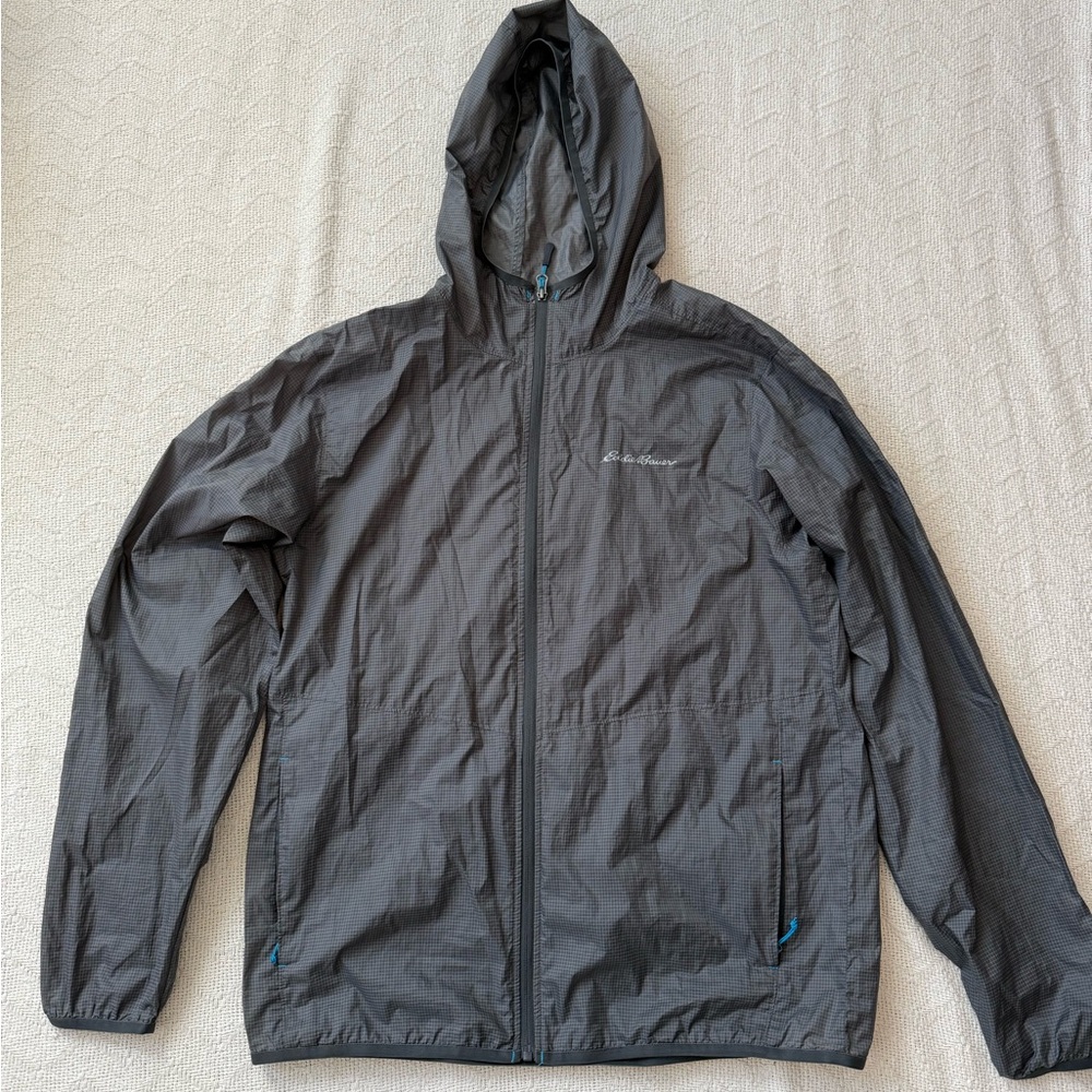Eddie Bauer Men’s Medium Charcoal Gray Hooded Windbreaker Packable Jacket